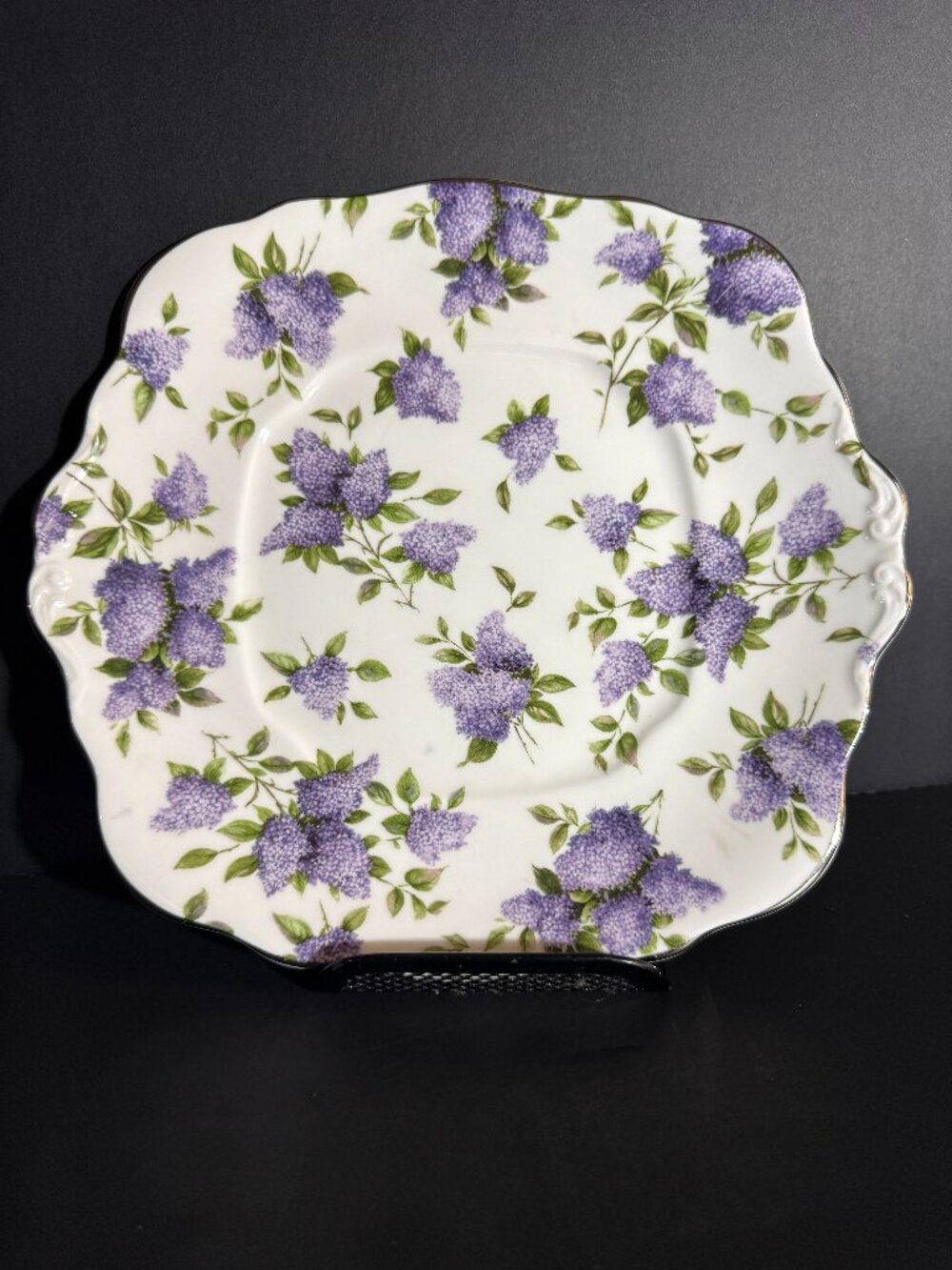 Royal Albert Archive Lilac Lane Platinum 10" Handled Cake Plate England Vintage